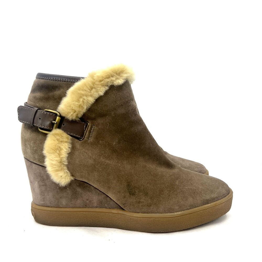 Aquatalia by Marvin K Suede Wedge Ankle Boots Faux Fur Trim Taupe Women's 11